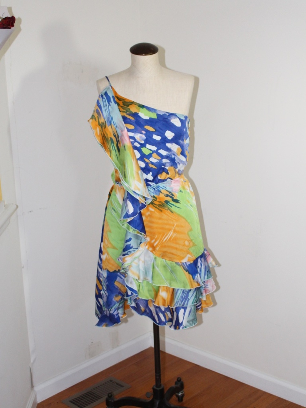 Arden B One-Shoulder cascading Ruffle Dress in Blue, Green & Orange